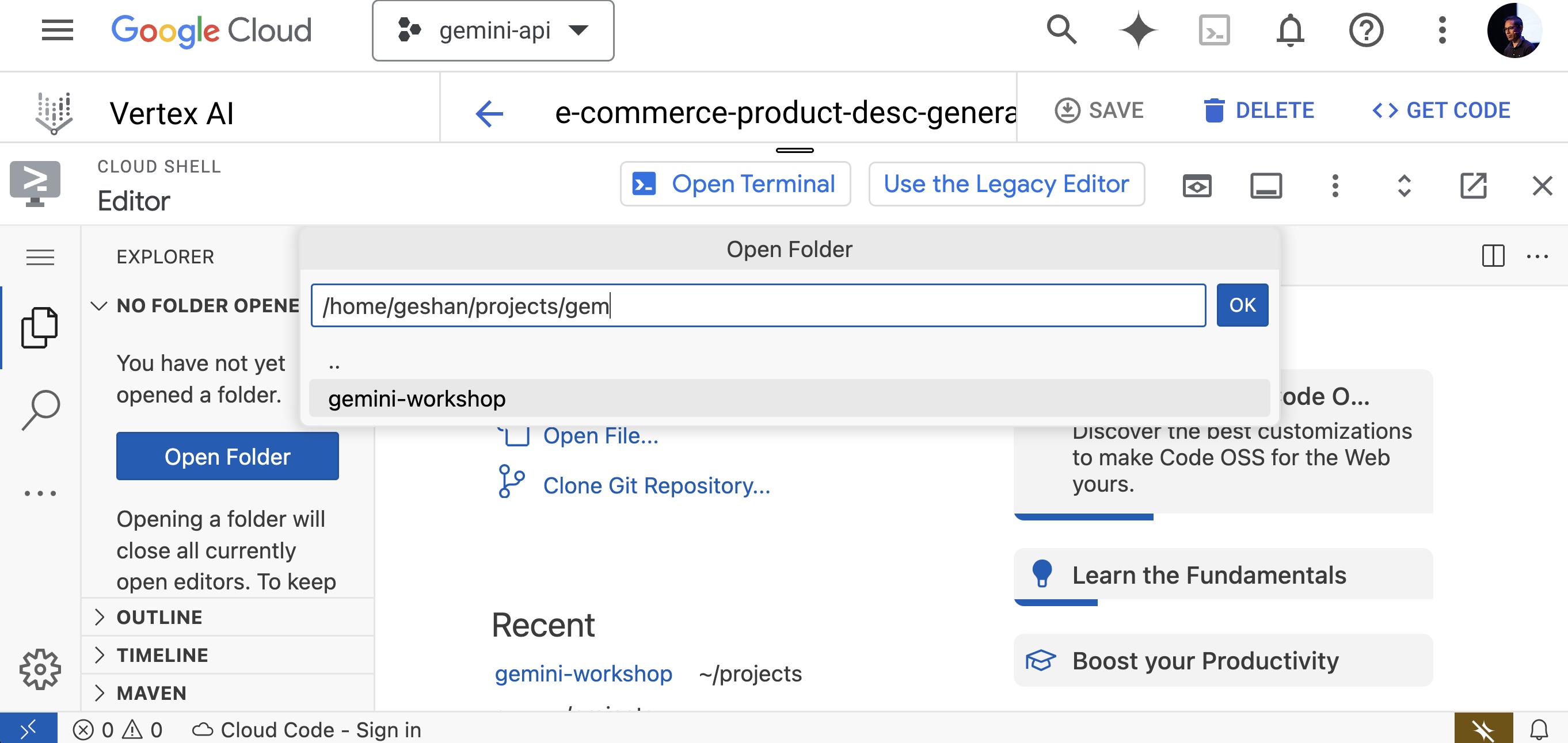 Load project to Cloud shell editor